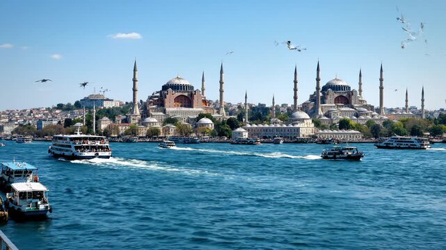 Boats Sailing on the Bosphorus With Hagia Sophia in Istanbul Turkey