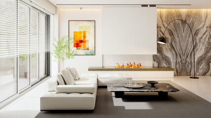 Large luxury modern bright interiors Living room mockup illustration 3D rendering Digitally Generated Image