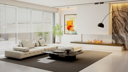Large luxury modern bright interiors Living room mockup illustration 3D rendering Digitally Generated Image