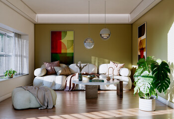 Large luxury modern bright interiors Living room mockup illustration 3D rendering Digitally Generated Image