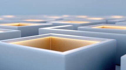 Abstract arrangement of illuminated geometric boxes creating a mesmerizing pattern in soft blue tones enhancing depth and visual interest