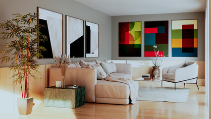 Large luxury modern bright interiors Living room mockup illustration 3D rendering Digitally Generated Image