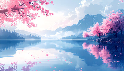 山脈を望む桜咲く湖畔の水彩風イラスト背景_generated by AI