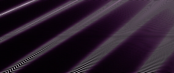 Naklejka premium A dynamic, abstract pattern of intersecting, wavy lines creating a sense of depth and movement against a dark background. 