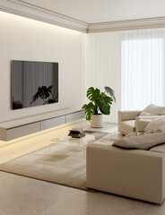 Large luxury modern bright interiors Living room mockup illustration 3D rendering Digitally Generated Image