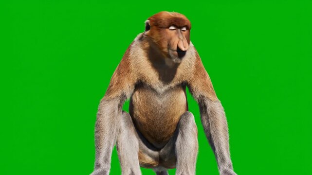 Proboscis Monkey Sitting on Green Screen Background.