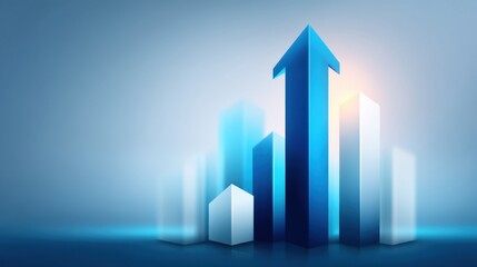 Abstract Business Growth Concept with Rising Blue Arrows and Geometric Shapes Representing Financial Success and Market Trends in a Modern Design
