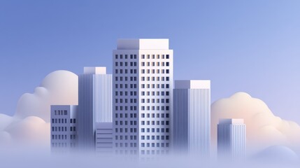 Fototapeta premium Modern office buildings surrounded by soft clouds and blue sky in a serene landscape, showcasing contemporary urban architecture and design
