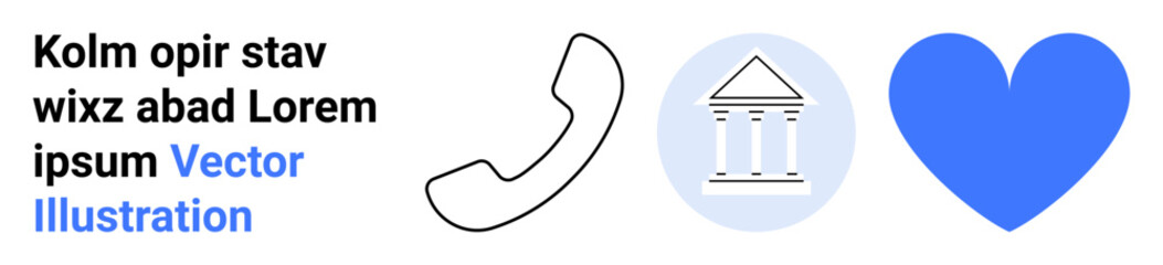 Naklejka premium Communication, government services, civic engagement, public assistance, charity, customer service. Black phone receiver, building column symbol blue heart graphic. Communication and government