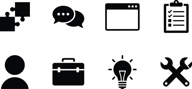 Set of black solid business icons featuring puzzle pieces, chat bubbles, checklist, briefcase, lightbulb, and tools for productivity.