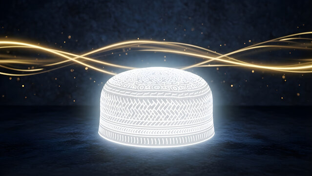 Glowing Islamic prayer cap kufi with golden light trails on dark background