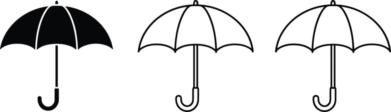 Umbrella icon set with solid and outline styles for rain weather protection insurance safety signage design vector