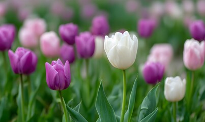 Fototapeta premium a field of white tulips, with purple and pink tulips in the background, in a springtime setting with green leaves