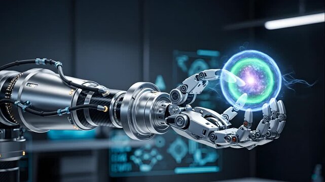 Robotic arm holding glowing energy sphere in high-tech lab with futuristic interface