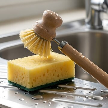Cleaning Action with Dish Brush and Sponge at Kitchen Sink, Close-Up View of Household Cleaning Tools in Wet Environment