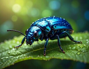Fototapeta premium Vibrant blue beetle on a dewy leaf (1)