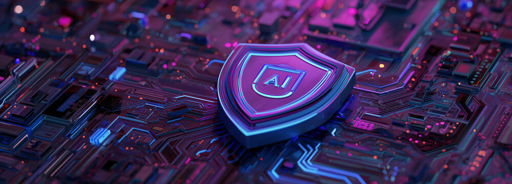A futuristic purple and blue shield with AI on it sits glowing, symbolizing artificial intelligence protection, cybersecurity, data safety, and trust.