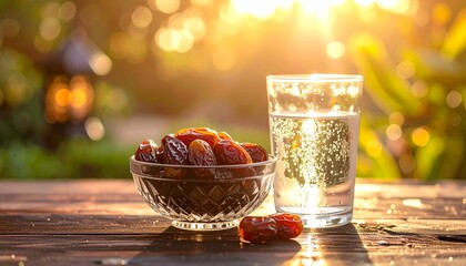 Traditional Islamic fasting meal. Dried dates fruit and fresh water on rustic wood under golden hour sunlight. Healthy food for breaking fast or Suhoor.