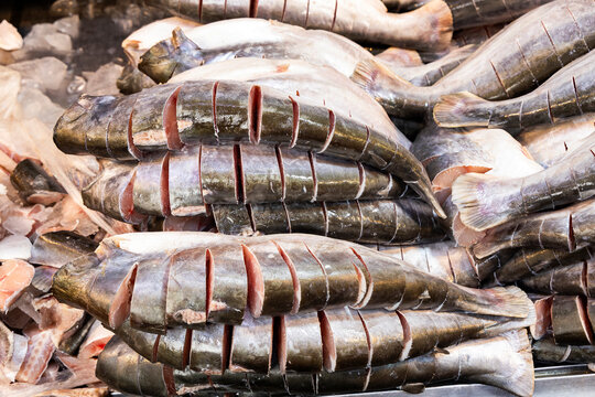 Catfish prepared for sale in a Colombian market, with visible cuts and an artisanal presentation that reflects the local cuisine and commerce.