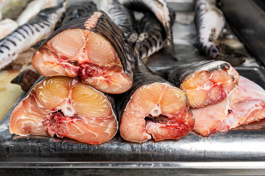 Fresh catfish, sliced ​​and displayed on ice in a traditional Colombian market, highlighting the fish's texture