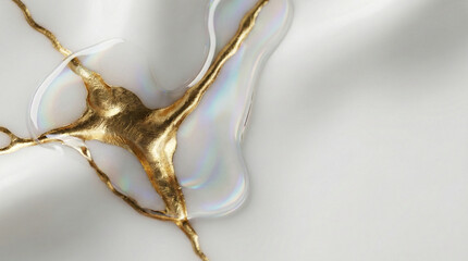 Obraz premium Abstract White Porcelain with Gold Kintsugi Cracks and Flowing Iridescent Liquid, Luxury 3D Background for Wellness and Resilience.
