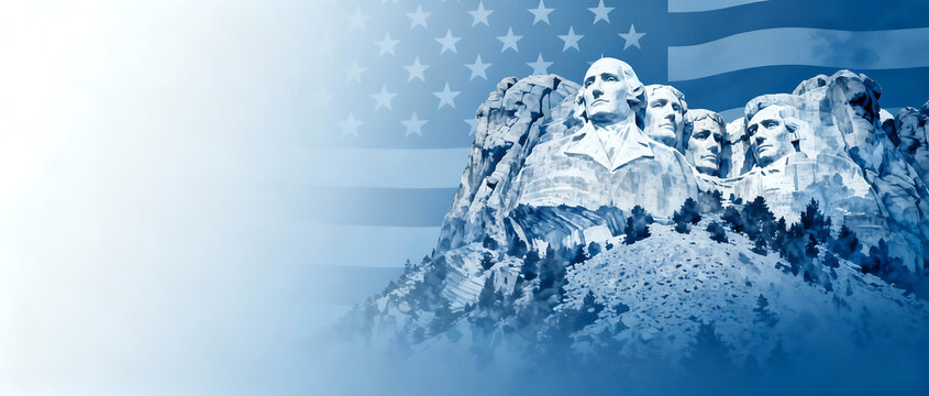 Mount Rushmore monument with US flag background in blue tones.