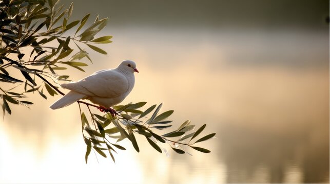 superego. White dove perched on olive branch against calm lake at dawn. wildlife magazines, conservation campaigns, designed for wildlife conservation campaigns, used by retail merchandisers.
