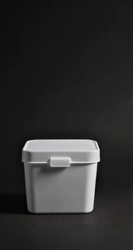 Minimalist white storage container on black background, sleek product packshot with soft shadows and slow push-in.