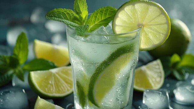 Refreshing iced lime and mint drink, garnished with fresh citrus slices and aromatic green leaves. A vibrant, cool beverage, perfect for hot summer days or celebration