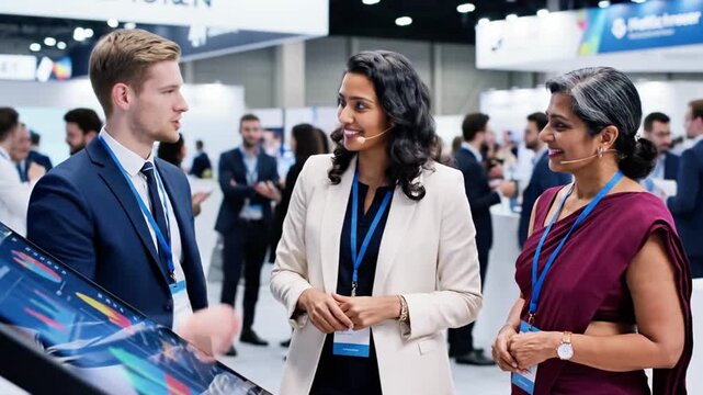 Three professionals, two women and one man, in business attire, engaged in a discussion at a trade show