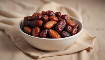 Luxurious dried date fruit arranged artfully in a bowl on a crisp linen napkin , table setting, gourmet food, dried fruits