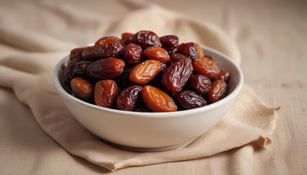 Luxurious dried date fruit arranged artfully in a bowl on a crisp linen napkin ,  table setting,  gourmet food,  dried fruits