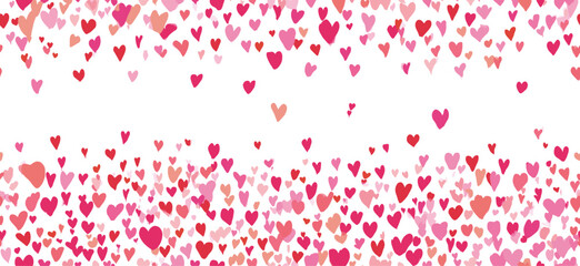 Pink hand-drawn hearts forming a seamless pattern on a white background. Pink heart pattern creating simple love background