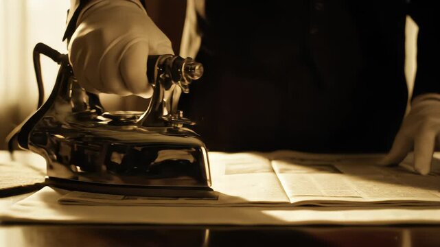 Senior butler in formal tuxedo and white gloves ironing a newspaper with a vintage steam iron on a wooden desk in a classic luxury interior