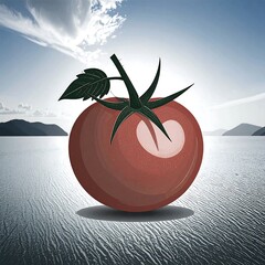 Vibrant tomato against a serene landscape