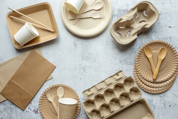 Eco Friendly Disposable Tableware and Sustainable Food Packaging Flat Lay