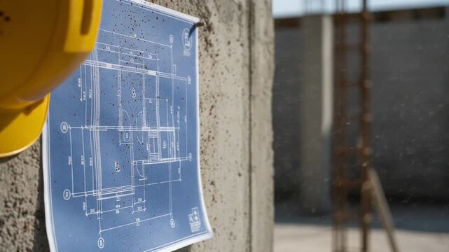 Dust particles floating in air over an architectural blueprint, paper corner moving in a light breeze