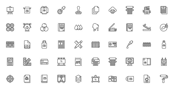 Printing icon set. Vector graphics collection. Includes symbols for printer, CMYK, poster, brochure, calendar, business card, scanner, and more. Editable stroke.