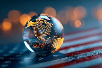 Exploring import tariffs holographic globe on american flag for global trade insights