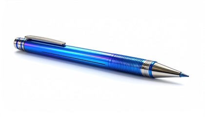 A close-up of a vibrant blue pen with silver accents, isolated on white background