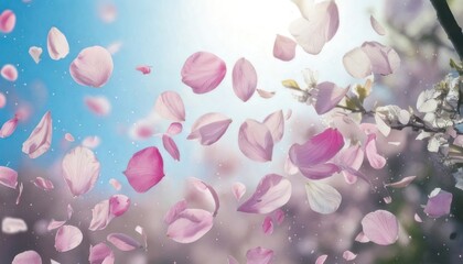 Dreamy floral scene of falling pink petals against a blue sky.