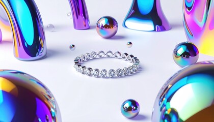 Diamond bracelet center stage surrounded by iridescent, shapely, reflective objects