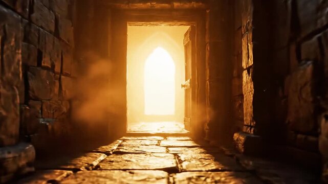Dimly lit stone corridor with a bright light emanating from an open doorway at the end