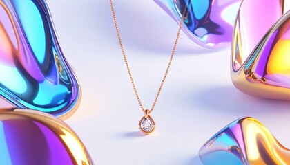 A gold pendant with a diamond hangs with colorful, iridescent, abstract shapes