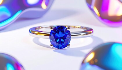A sparkling ring with a large blue gem sits against a backdrop of blurred, reflective orbs