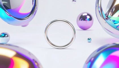 Shiny ring centered, with colorful, reflective spheres floating against a white backdrop