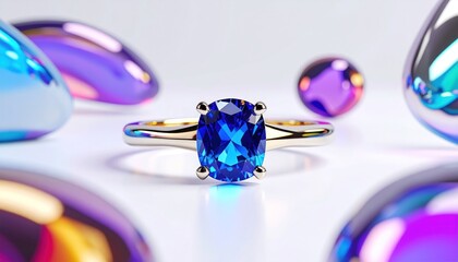 A gold ring with a large blue oval gem, surrounded by abstract, iridescent shapes