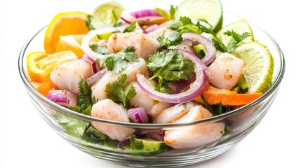 Close up of Peruvian Ceviche with Sea Bass in a Glass Bowl