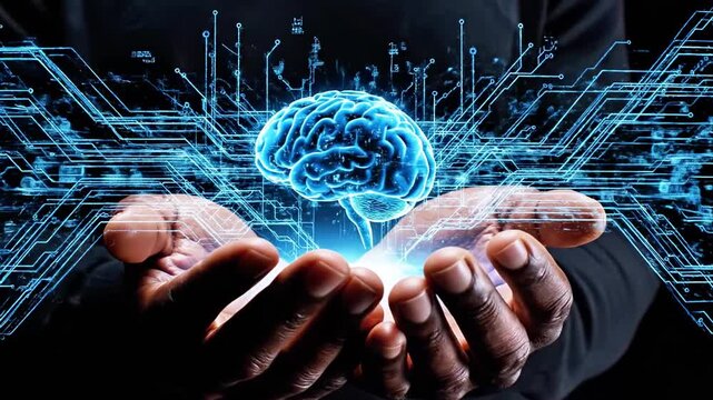 Hands holding a glowing brain surrounded by digital circuit board patterns