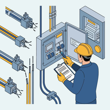 Electrician Inspecting Electrical Panel and Cables.